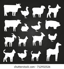 White farm animals silhouetes icons on black background. Vector illustration