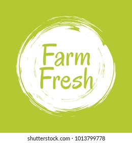 White farm fresh label vector, painted emblem isolated on green, round icon for natural products packaging, food pack. Fresh products from farm sign, tag circle stamp, logo shape label graphic design.