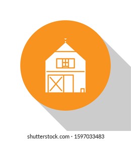 White Farm House concept icon isolated on white background. Rustic farm landscape. Orange circle button. Vector Illustration