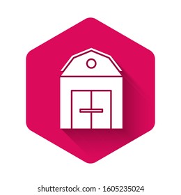 White Farm House concept icon isolated with long shadow. Rustic farm landscape. Pink hexagon button. Vector Illustration