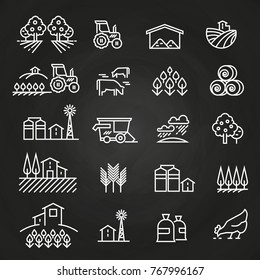 White farm icons and concepts on blackboard. Farm agriculture, village and tractor, field harvest illustration