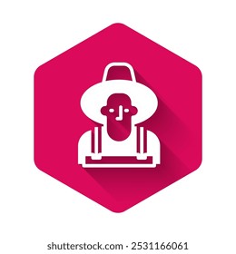 White Farmer in the hat icon isolated with long shadow background. Pink hexagon button. Vector