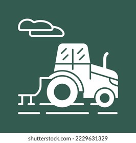 White farming icon. Sticker with tractor for harvesting or plowing field. Agricultural equipment or machinery. Design element for social networks. Cartoon flat vector illustration on green background