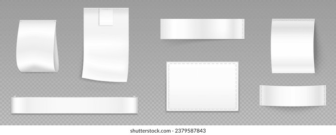 White fashion cloth brand tag label with stitch. Isolated shirt cotton badge with seam for mock up set. Ribbon material to use with apparel product for laundry or size sign 3d realistic illustration