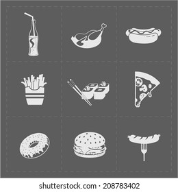 White Fast Food Icon Set on Grery Background