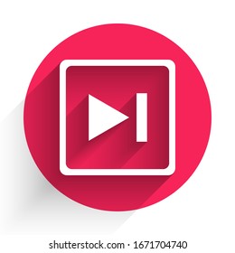 White Fast forward icon isolated with long shadow. Red circle button. Vector Illustration