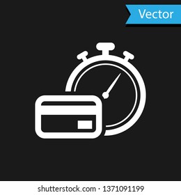 White Fast payments icon isolated on black background. Fast money transfer payment. Financial services, fast loan, time is money, cash back concept. Vector Illustration