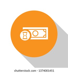 White Fast payments icon isolated on white background. Fast money transfer payment. Financial services, fast loan, time is money, cash back concept. Orange circle button. Vector Illustration