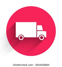 White Fast round the clock delivery by car icon isolated with long shadow. Red circle button. Vector