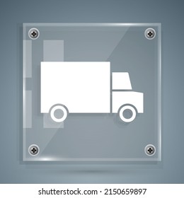 White Fast entrega las 24 horas del día por icono de coche aislado en fondo gris. Paneles de vidrio cuadrado. Vector