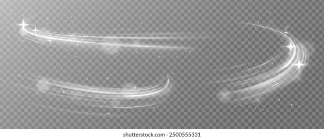 White fast speed trail with sparkles on dark background. Glow and blur motion effect vector illustration set. Transparent dynamic frost air tail streak. Isolated png magic wind swirl design.	