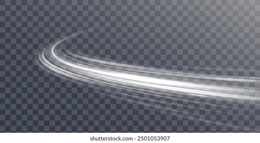 White fast speed trail with sparkles on dark background. Glow and blur motion effect vector illustration set. Transparent dynamic frost air tail streak. Isolated png magic wind swirl design.	