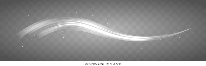 White fast speed trail with sparkles on dark background. Glow and blur motion effect vector illustration set. Transparent dynamic frost air tail streak. Isolated png magic wind swirl design.	