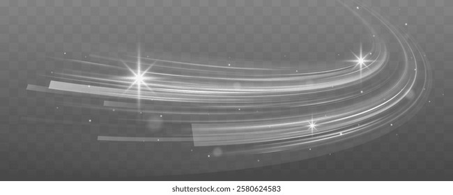 White fast speed trail with sparkles on dark background. Glow and blur motion effect vector illustration set. Transparent dynamic frost air tail streak. Isolated png magic wind swirl design.	