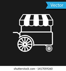 White Fast street food cart with awning icon isolated on black background. Urban kiosk. Vector Illustration