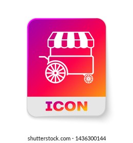 White Fast street food cart with awning icon isolated on white background. Urban kiosk. Rectangle color button. Vector Illustration