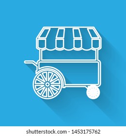 White Fast street food cart with awning line icon isolated with long shadow. Urban kiosk. Vector Illustration