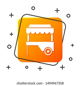 White Fast street food cart with awning icon isolated on white background. Urban kiosk. Orange square button. Vector Illustration
