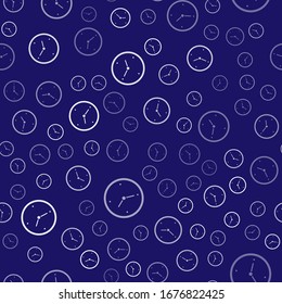 Icono de entrega de tiempo rápido blanco aislado sin fisuras en fondo azul. Servicio puntual, cronómetro en movimiento, concepto de fecha límite, velocidad del reloj.  Ilustración vectorial
