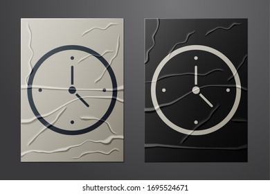 Icône de remise en forme blanche Heure rapide isolée sur fond papier grunge. Service en temps opportun, veille en mouvement, concept de délai, vitesse d'horloge. Style papier. Illustration vectorielle