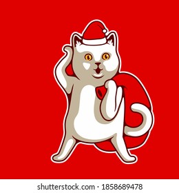 White Fat Cat Acts To Be Santa Claus Wearing Red Hat, With Huge Red Bag With Presents For Christmas And New Year Posters, Gift Tags And Labels. Meowy Catmas Cartoon Vector Illustration - Vector