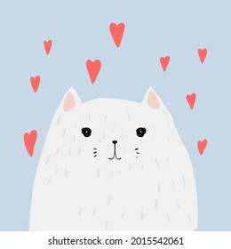 White fat cat in love with red hearts. Romantic t shirt, card design. Vector illustration of adorable kitty.