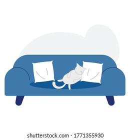 White fat cat on sofa vector illustration cartoon flat 