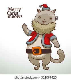White fat cat in Santa's costume waving a hand, vector