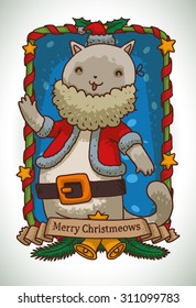 White fat cat in Santa's costume waving a hand, Christmas frame for christmas card, vector