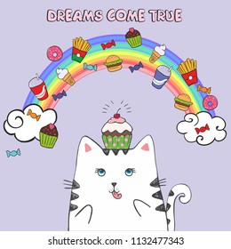White fat cat in the sky with fast food. Dreams come true. Vector illustration. Fairy tale character on the background of the rainbow and clouds 