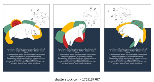 White fat cats sleep in different positions on colorful pillows. Cartoon lazy animals are resting. Hand drawn pets isolated on a white background.