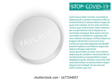 White Favilavir generic name of pill or Avigan drug for anti-virus and Covid-19 or Coranavirus flu Stop Covid disease concept vector