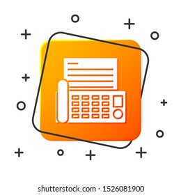 White Fax machine icon isolated on white background. Office Telephone. Orange square button. Vector Illustration