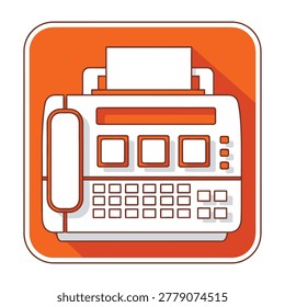 A white fax machine with phone and keyboard on orange background, business communication technology