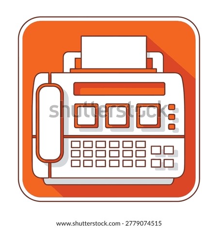 A white fax machine with phone and keyboard on orange background, business communication technology
