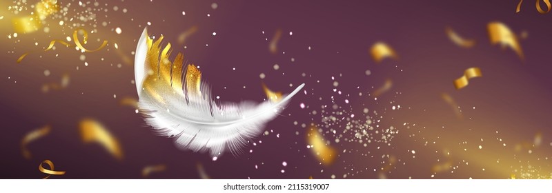 White feather with gold glitter on defocused background with light beam and sparks and confetti. Vector design with realistic golden colored bird or angel quill, soft fluffy plume flying in sun ray