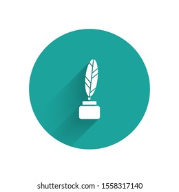 White Feather and inkwell icon isolated with long shadow. Green circle button. Vector Illustration