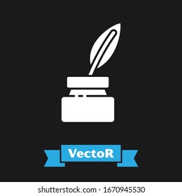 White Feather and inkwell icon isolated on black background.  Vector Illustration