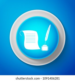 White Feather in the inkwell and paper scroll icon isolated on blue background. Circle blue button with white line. Vector Illustration