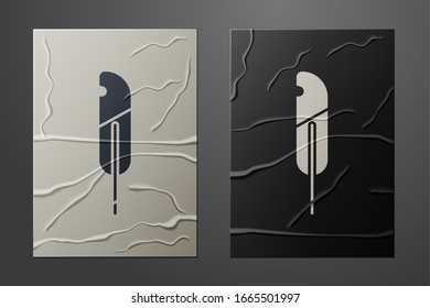 White Feather pen icon isolated on crumpled paper background. Paper art style. Vector Illustration