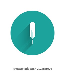 White Feather pen icon isolated with long shadow. Green circle button. Vector Illustration