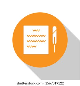 White Feather pen and paper scroll icon isolated on white background. Orange circle button. Vector Illustration