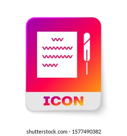 White Feather pen and paper scroll icon isolated on white background. Rectangle color button. Vector Illustration