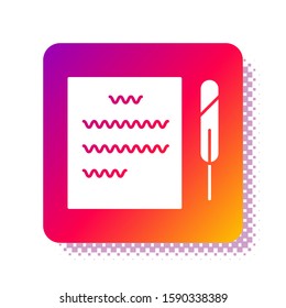 White Feather pen and paper scroll icon isolated on white background. Square color button. Vector Illustration