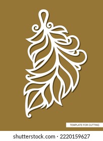 White feather pendant on brown background. Keychain, jewelry pendant, hanging Christmas tree decoration. Template for plotter laser cutting of paper, metal engraving, wood carving, cnc. Vector image.