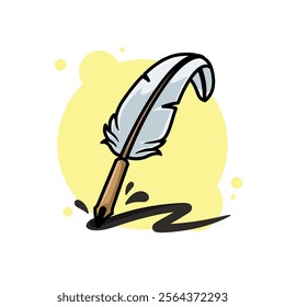 White Feather Quill Pen with Ink Scratches Cartoon Icon Vector Illustration. Isolated background. School office stationery supplies