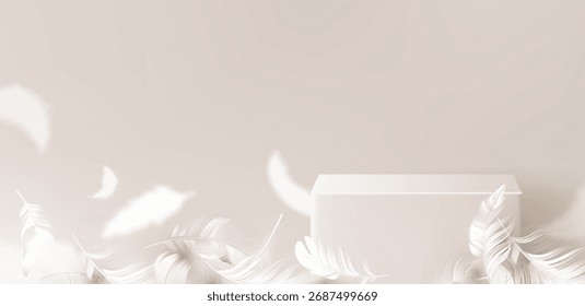 White feather with rectangular podium box and soft shadows for product display. Elegant presentation platform surrounded by delicate plumes. Minimalist showcase setup for beauty or luxury items.