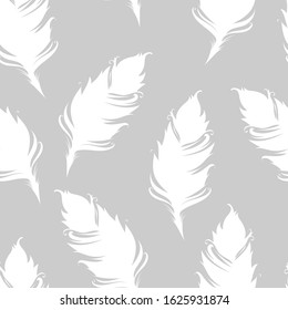 White feather silhoutte isolated on gray background. Seamless pattern. Vector illustration. 