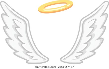 Asas brancas de anjo emplumado com um halo dourado pairando acima, simbolizando inocência, divindade e uma conexão com os céus