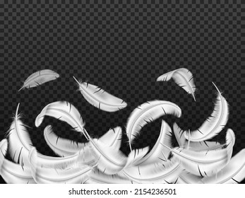 White feathers background. Realistic flying fluffy plumage. 3D falling down avian quills. Light isolated objects. Birdy or angel wings. Dove or swan feathering border